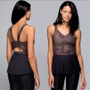 lululemon athletica Black and Metallic Brown Patterned Peplum Tank Top